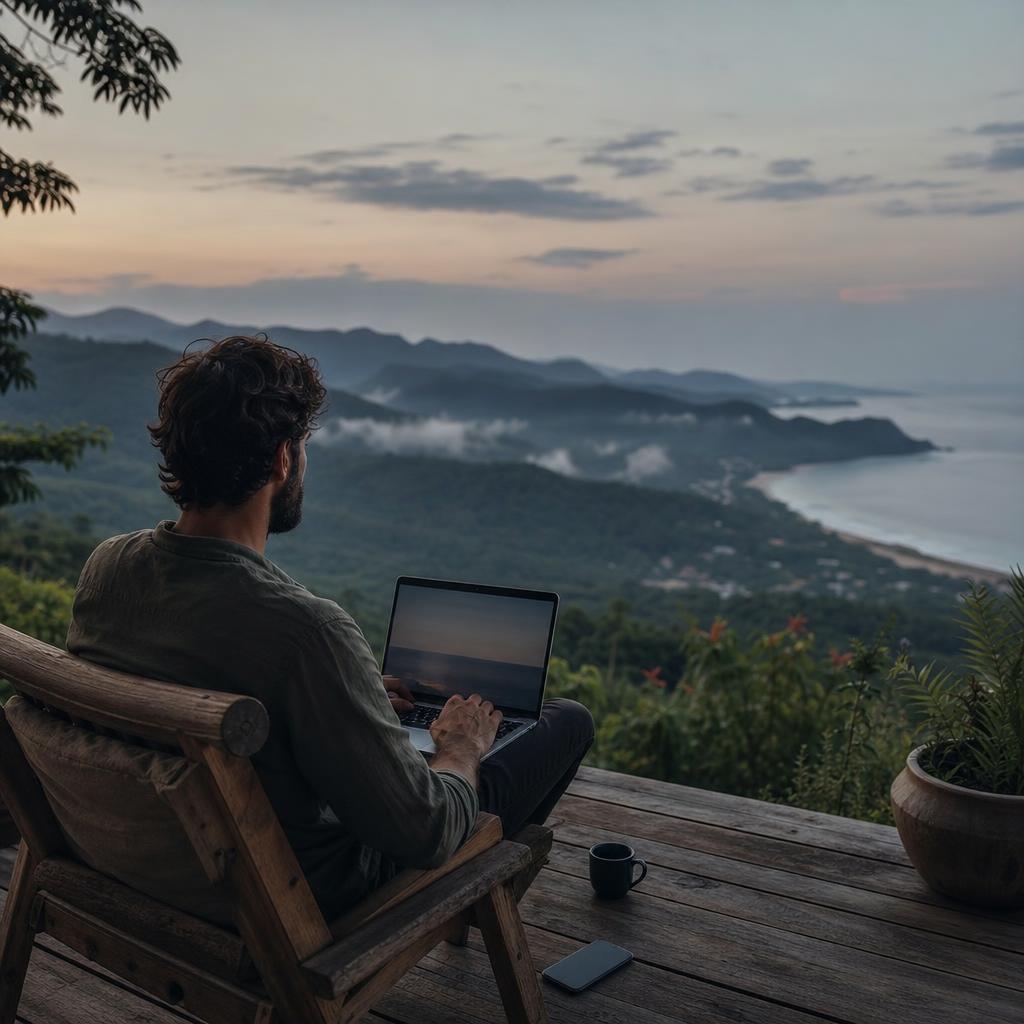 Entrepreneur working on a laptop overlooking mountains at dusk