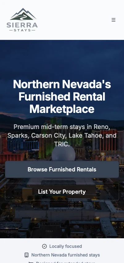 Sierra Stays mobile website showing its menu, furnished rental marketplace heading, and browsing and property listing buttons