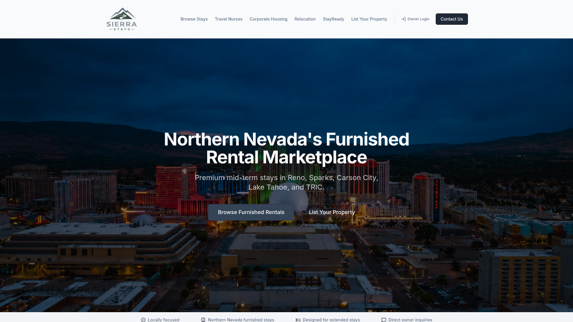 Sierra Stays website homepage showing its navigation, Northern Nevada furnished rental marketplace heading, and Reno skyline